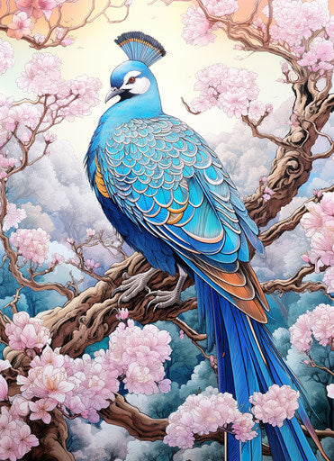 Colorful peacock flying with flowers, in masamune shirow style