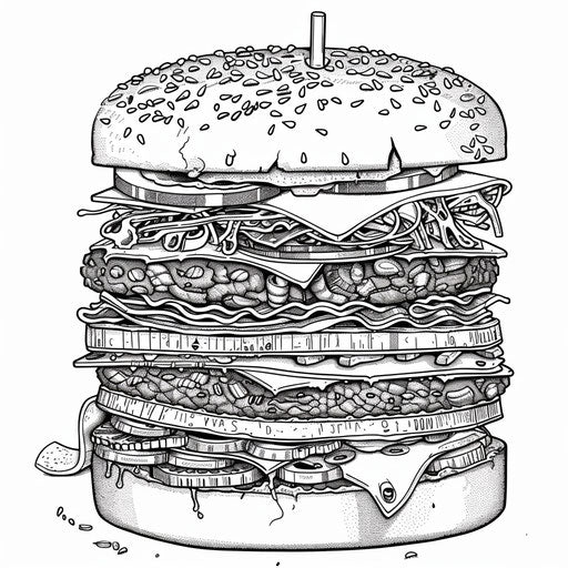 Detailed cross-section of a burger with all layers. Coloring book page