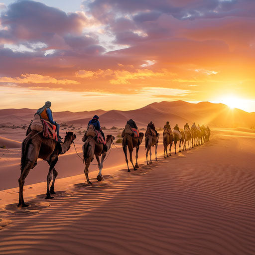 Caravan of camels trekking across the vast Sahara desert at sunrise