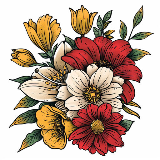 Vibrant and bright flower bouquet tattoo sketch