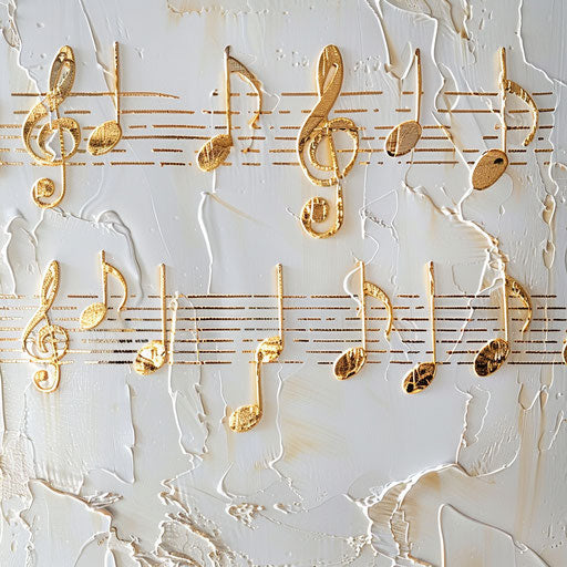 Gleaming golden music notes on white canvas