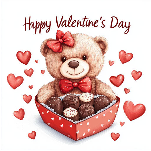 Adorable teddy bear in heart-shaped box of chocolates with red bow