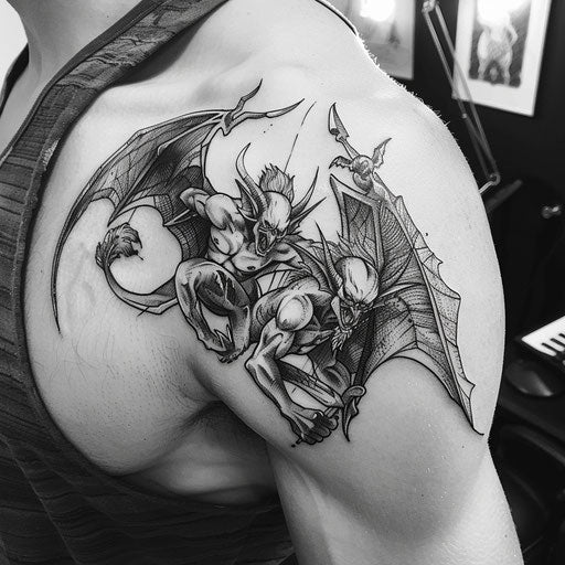 Bold flat tattoo sketch of a devil on one shoulder and an angel on the other, sharp edges, in grayscale