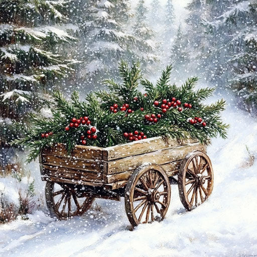 Vintage wooden wagon with evergreen branches and red berries in snow