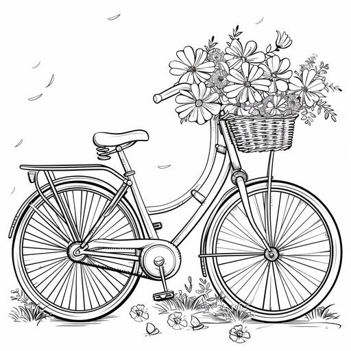 Whimsical cartoon bike with oversized wheels and flower basket