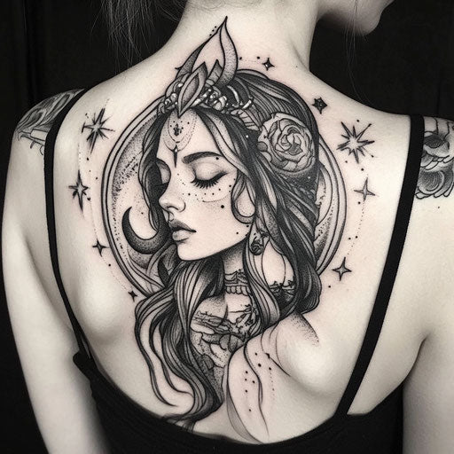 Female back tattoo in the style of David Palumbo with a celestial goddess under a starry sky