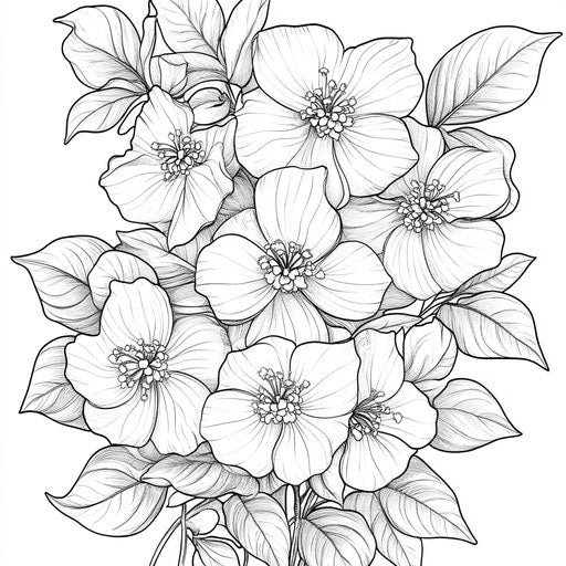 Elegant jasmine bouquet with intricate details, in the style of Jen Bartel, Coloring book page