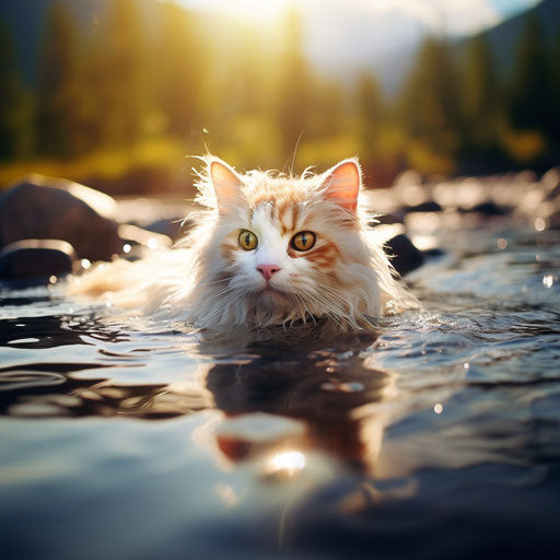 Manx cat swimming in a lake by the shore