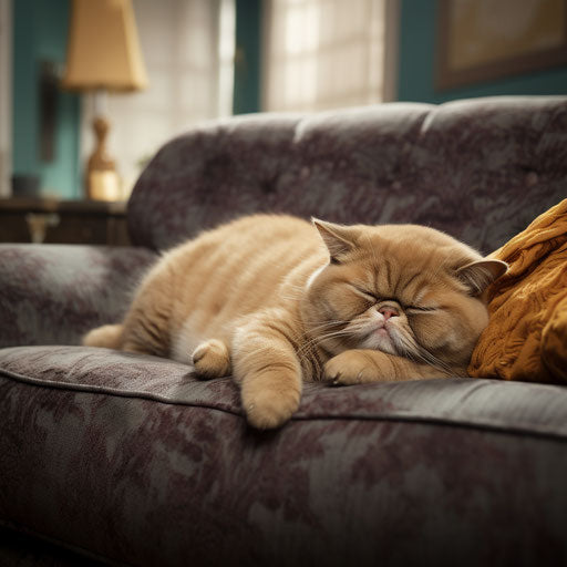 Exotic shorthair cat sleeping on a couch