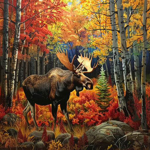 A moose navigating through a colorful autumn forest