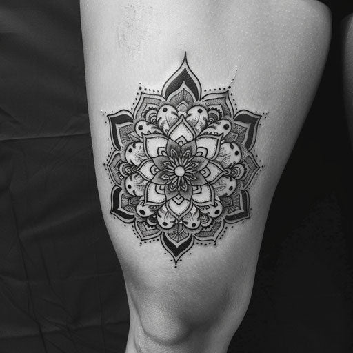Spiritual mandala tattoos, in the style of David Palumbo, on the thigh