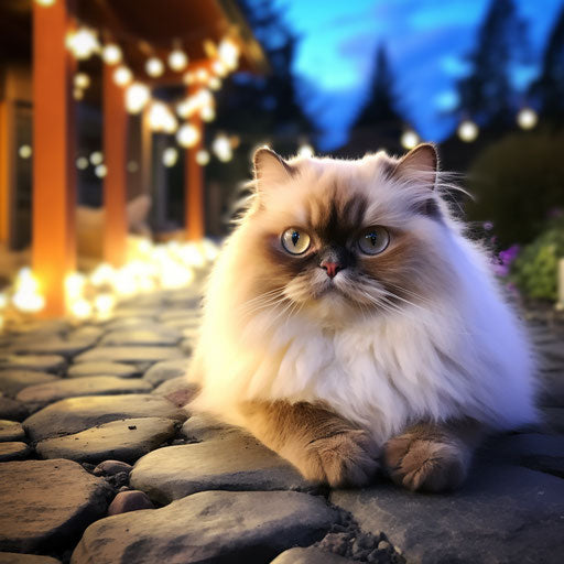 Himalayan cat lying outside at night