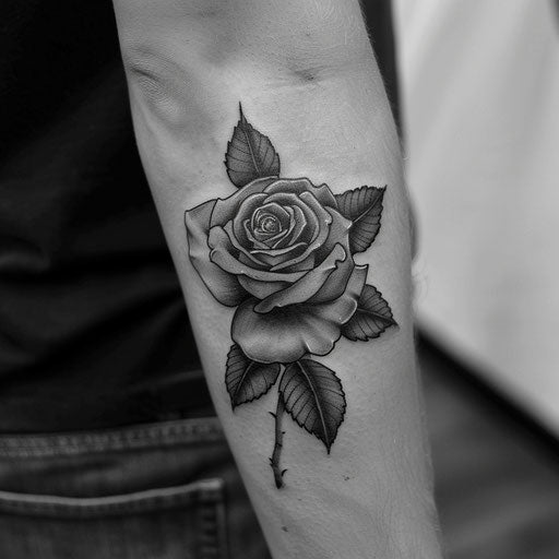 Men's rose tattoos in the style of Ami James featuring a black and grey realistic rose