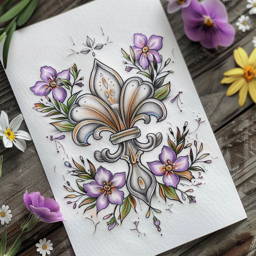 Artistic tattoo sketch of a fleur de lis surrounded by small delicate flowers in pastel shades