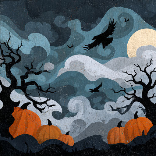 Moonlit Sky with Pumpkins and Gnarled Tree Silhouettes