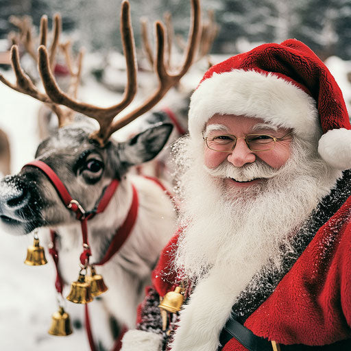Santa Claus sharing a warm smile with his reindeer, adorned with festive bells and red harnesses.