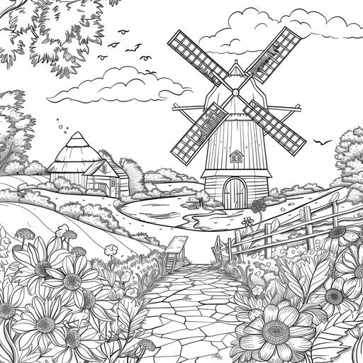 Picturesque windmill in autumn field and flowers