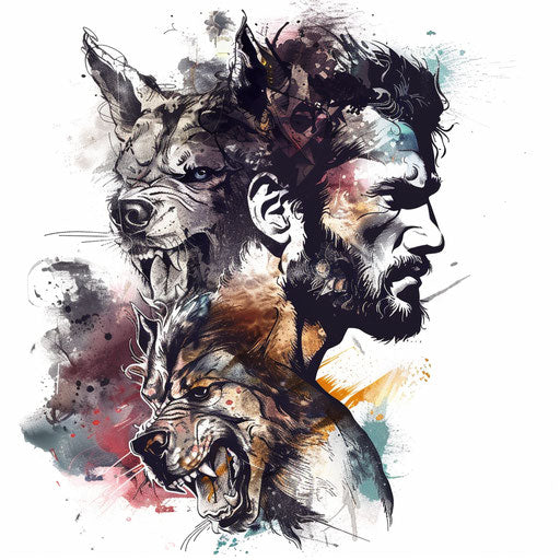 Artistic tattoo sketch of Hercules and Cerberus with watercolor splash, clipart style