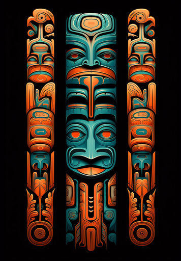 Totem pole carvings, classic tattoo style motifs