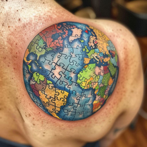Vintage style tattoo of a globe with colorful puzzle pieces on white background