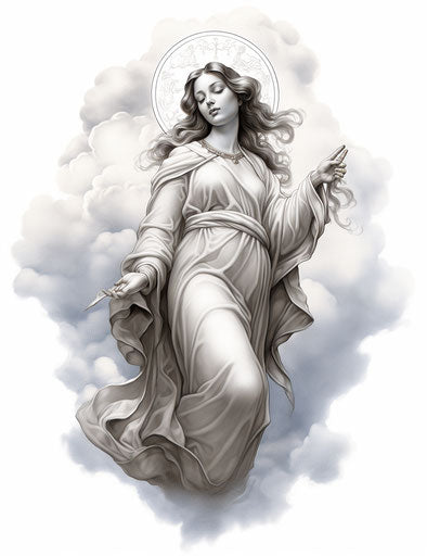 Mary on clouds with clouds tattoo design