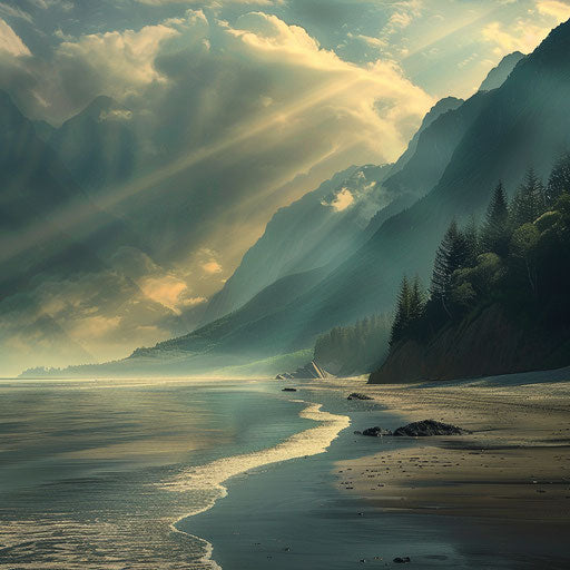 Sunny beach with misty mountains in the background