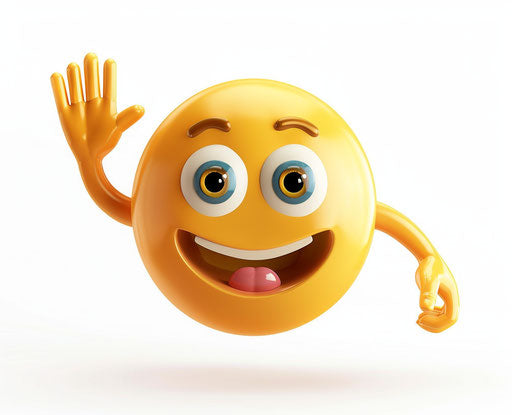 Smiling female smiley face with waving hand, clip art style, white background 31:25