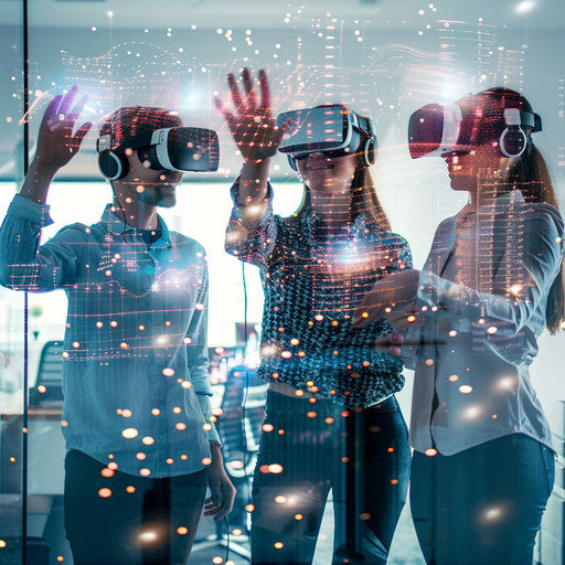 Team using VR to visualize data in futuristic office