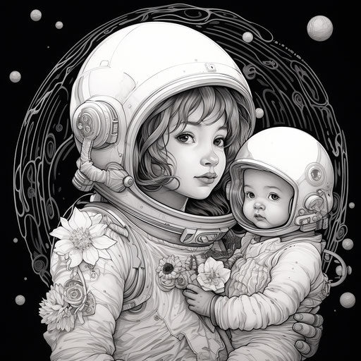 Black and white drawing of an astronaut and baby, kawaii chic style