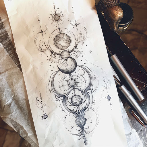 Ethereal flat tattoo sketch of celestial bodies in balance
