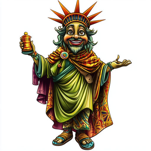 Humorous caricature of a statue of liberty with human characteristics