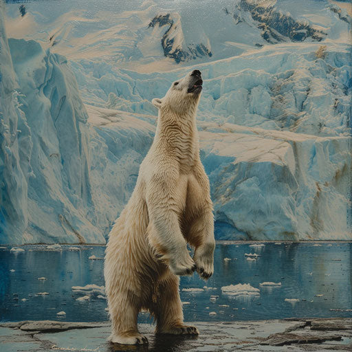 Polar bear standing, sniffing air, stunning glacier backdrop