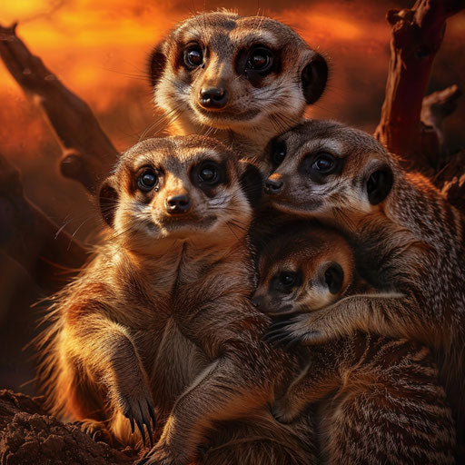 Family of meerkats huddled together in warm sunset