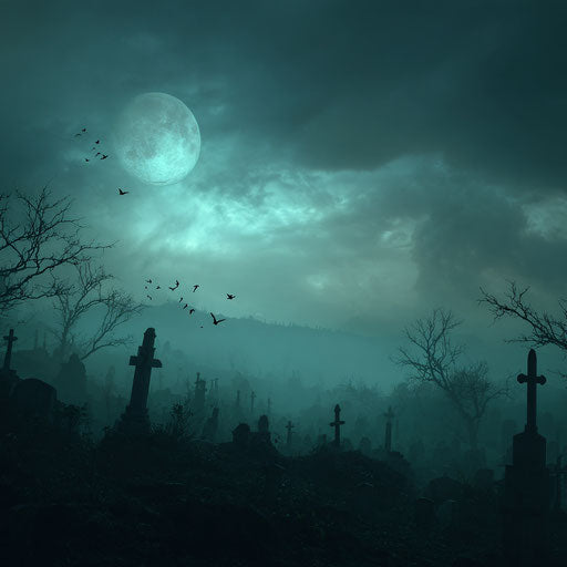 Eerie Graveyard Under a Gloomy Moonlit Sky