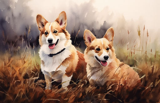 Two corgi dogs sitting in grass, harmonious style