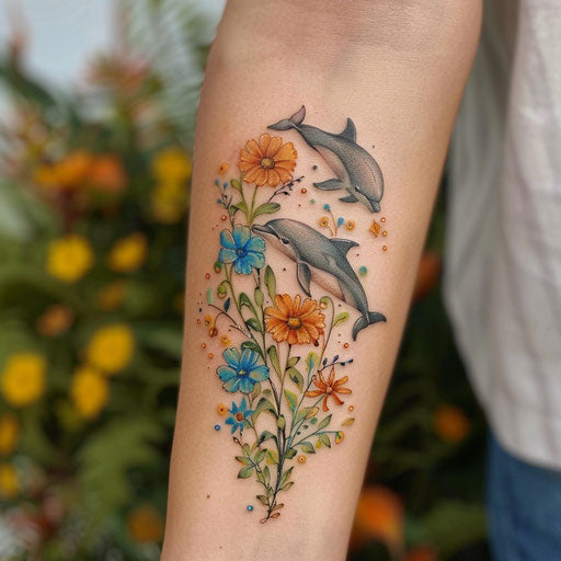 Wildflower tattoo with dolphins, oceanic colors, playful design, nature-inspired