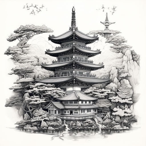 A black and white pagoda, detailed manga style