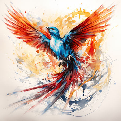 Bird in flight, red and blue tattoo style, yellow and blue