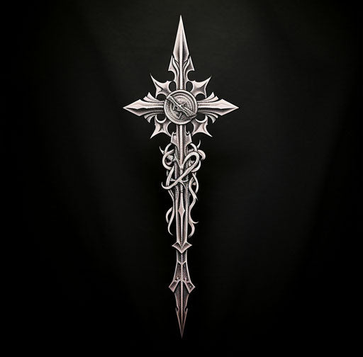 Medieval gothic sword tattoo in black and white