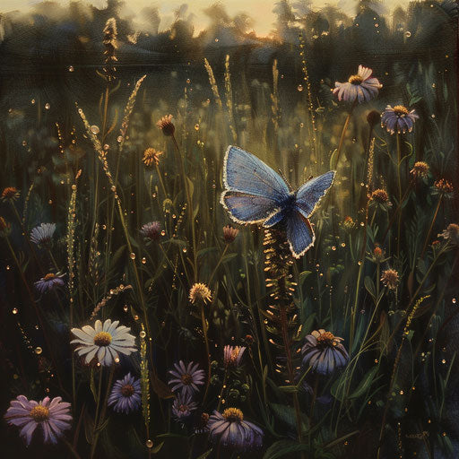 Serene meadow at dawn with blue butterfly on wildflower