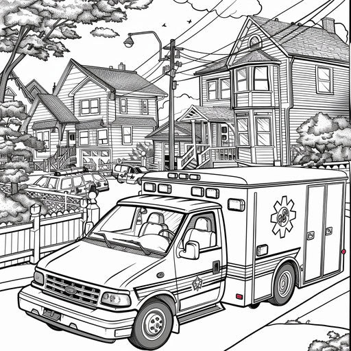 Playful scene of an ambulance in a neighborhood with kids waving. Coloring book page