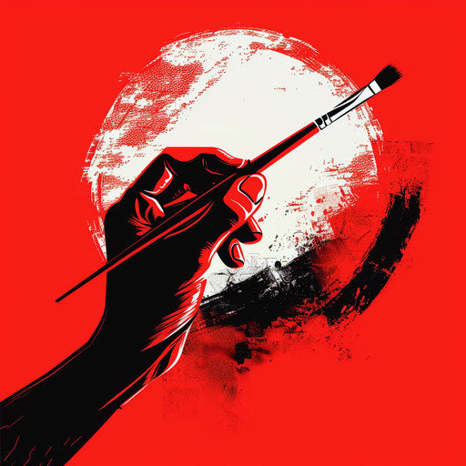 Creative painting logo with a stylized artist's hand and red background