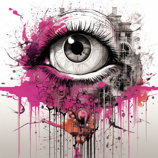 Eye on pink background with colorful splatters, black and white style