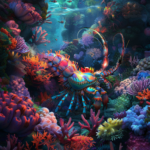 Mantis shrimp on a colorful and detailed coral reef