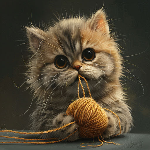 Chubby cat playing with yarn
