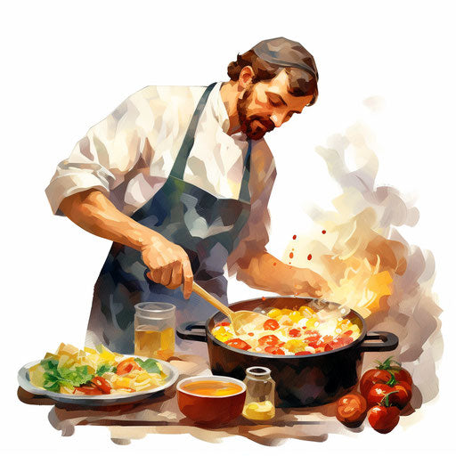 Cooking illustration in the style of oil painting on white background