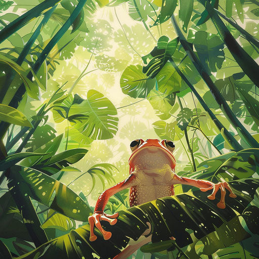 Frog's view in dense rainforest canopy, green sky mosaic