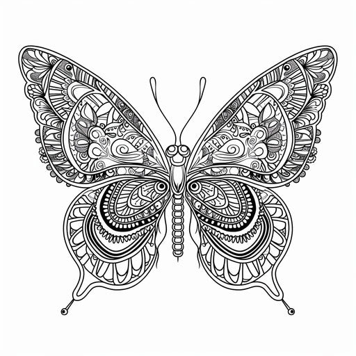 Intricate butterfly with mandala patterns: coloring book page