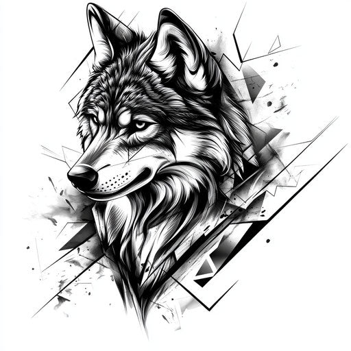 Wolf tattoo sketch with geometric pattern on white background