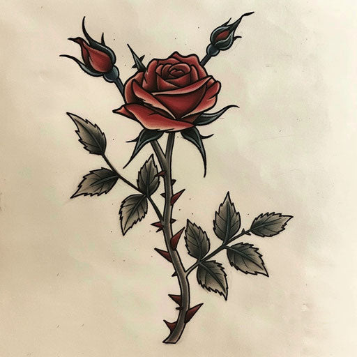 Nature-inspired flat tattoo sketch of a gypsy rose with thorny stems and green leaves